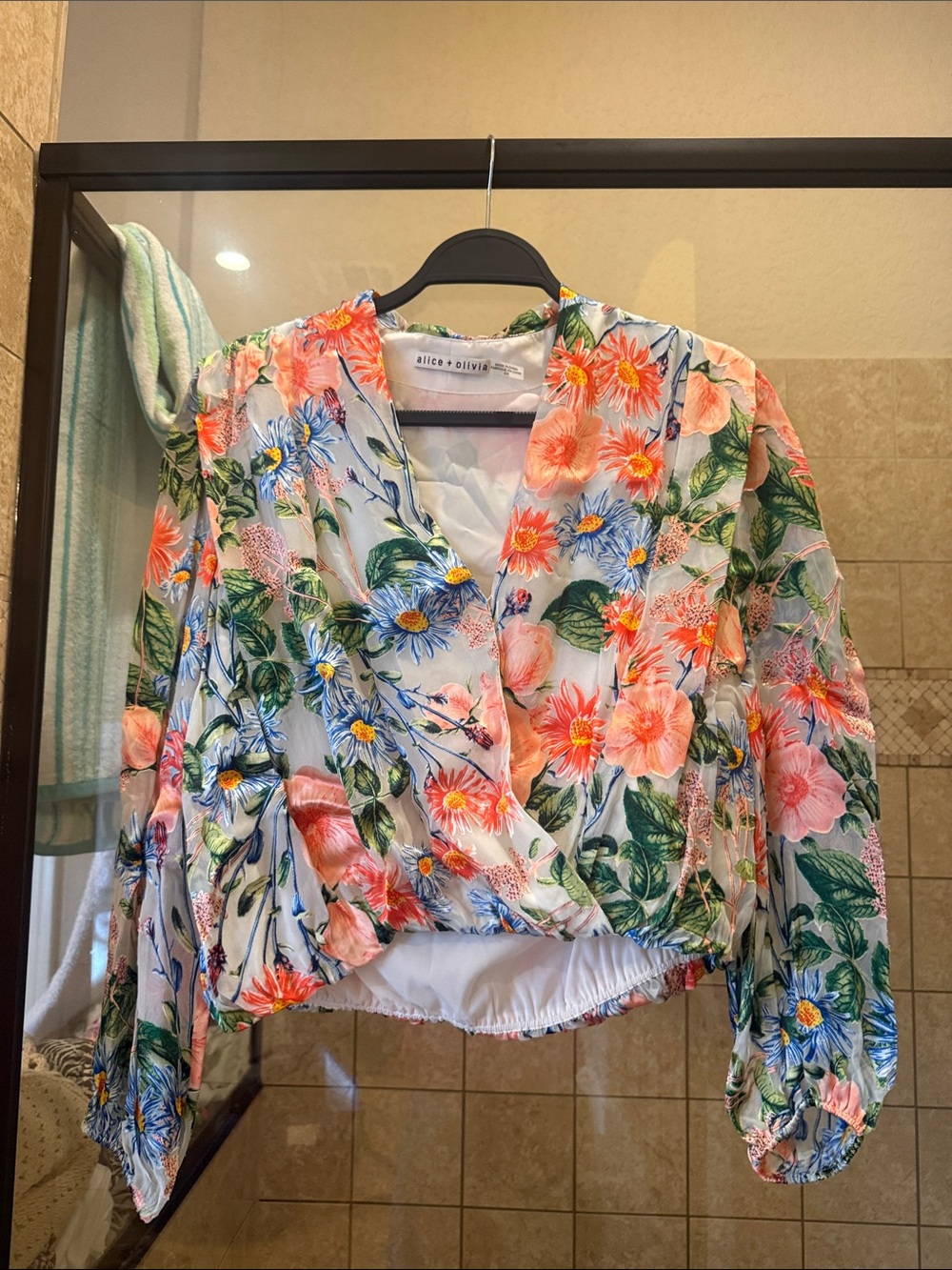 Alice + Olivia Coral and Blue Floral Surplice Blouse